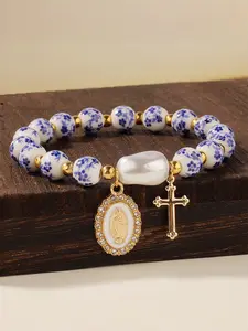 Cross Pendant Bracelet with Water Drill Virgin Mary Charm, Guardian Protection, Geometric Ceramic Beads, Perfect Women's Accessory, Inspirational Jewelry, Beaded Bracelet