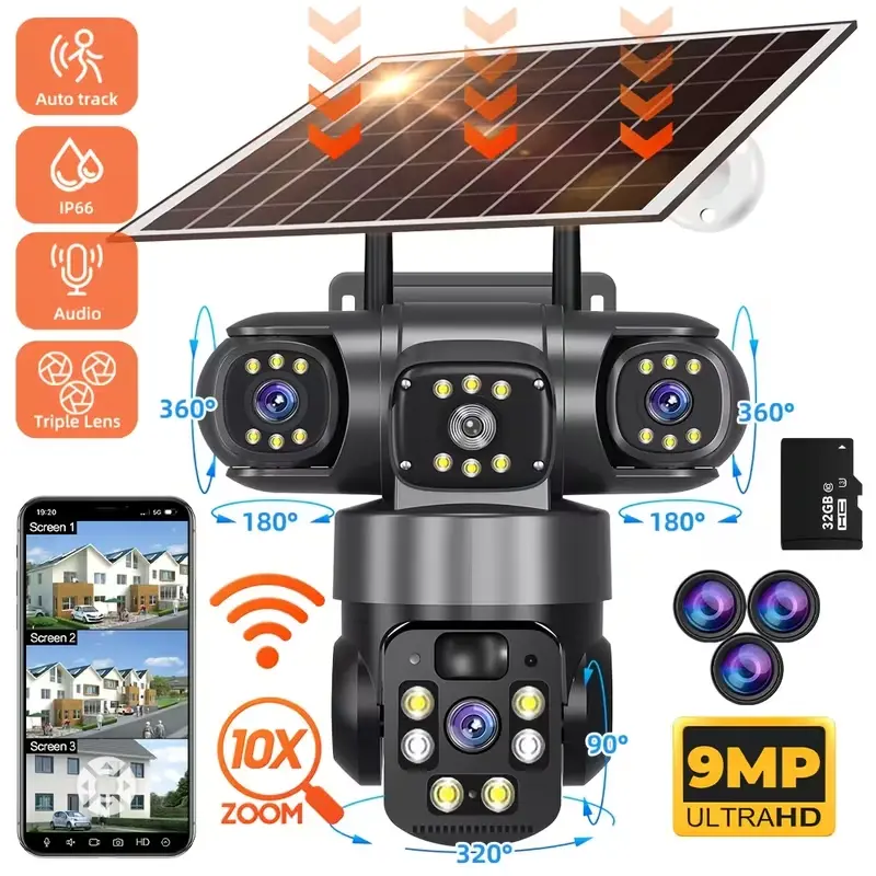 Wireless Outdoor Solar Powered Camera Security, 4K/9MP High Definition Smart Home Gadget, 2.4G Hz Wi-Fi, 360° Panoramic PTZ 3-Lens Security Camera, PIR Motion Sensor, Automatic Alarm Push, Color Night Vision, 2-Way Audio, Solar Panel/USB Charging