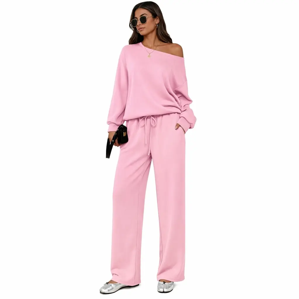2026 Autumn Women's Leisure Solid Color Sloping Shoulder Long Sleeve Top & Wide Leg Trousers Co-ord Set & Separates, Minimalist Scoop Neck Loose Outfits, Casual Womenswear, Silky, Classy, Soft, Style, Spandex, viscose, Loose Fit, Women 2 Piece Sets, Plain