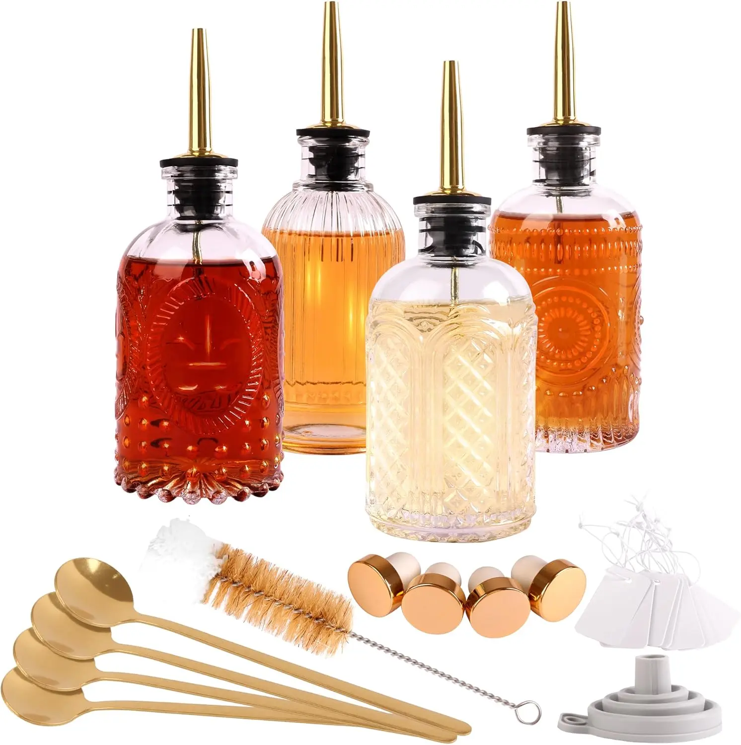 Glass Syrup Dispenser Set - 4 Pack 7oz Bottles with Metal Pour Spouts, Stoppers, Spoons for Coffee, , Vanilla, Caramel, Honey