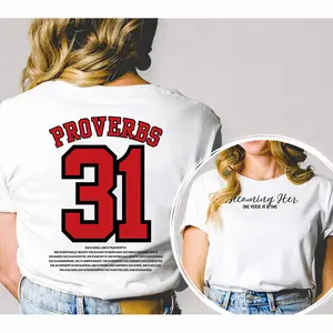 Bible Verse Cotton Tee Proverbs 31 Becoming Her Front Back Graphic Womens Casual Loose Fit Trendy Fashion Shirt For Church Goers