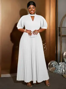 Fashion Plus Size Women's Half-Neck Hollow Out Wedding Dress, Short Sleeve Pleated Church Dress, All Seasons Fashion Womenswear Fit Lady, Dress For Wedding