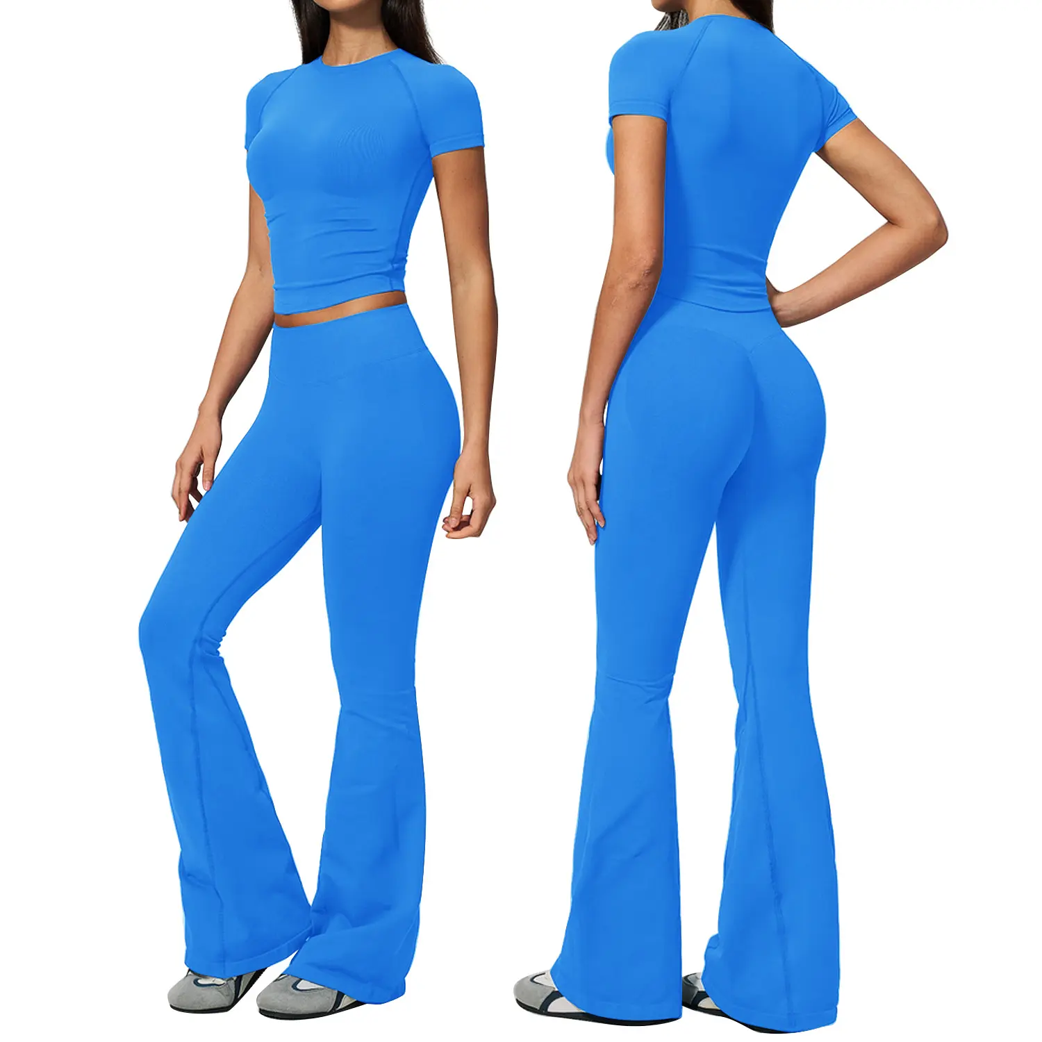 Jetjoy Women's 2-Piece Sports Activewear Set - Seamless Yoga Wear, Performance Activewear, Matching Workout Clothes, Short Sleeve Top, 29in Mini Flare Leggings, Tummy Control, Glute Scrunch, Butt Lifting, Soft Stretch, Pull-On, Dry Fit Gym Loungewear