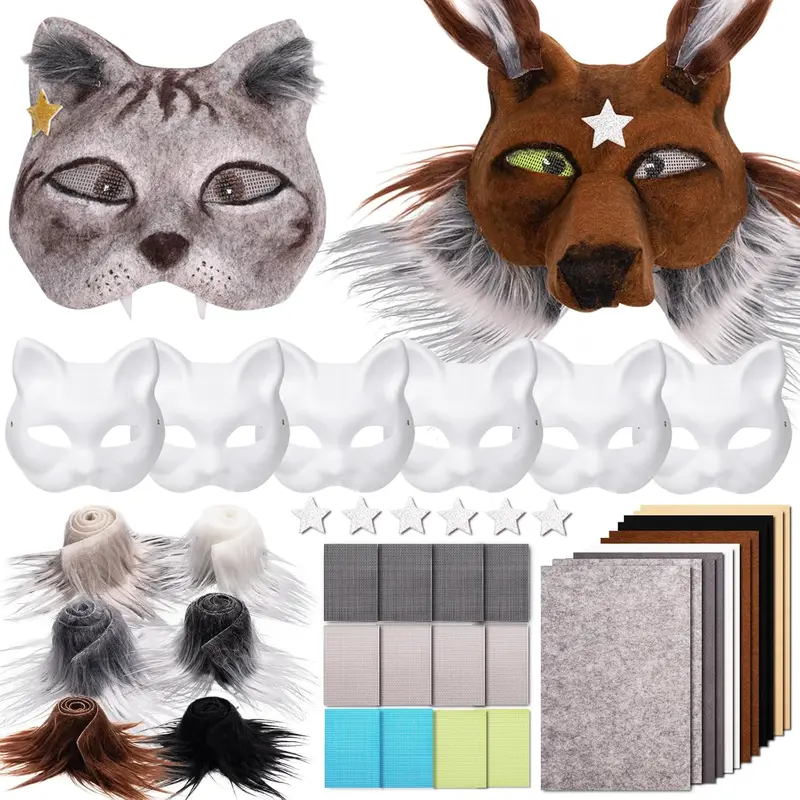 Cat Fox Therian Masks 42PCS with Felt Furs Eye Meshes and Stars, Costume Furry Masks to Paint, Animal Mask Arts Crafts Kit, Dress Up DIY for Halloween Christmas Cosplay Party Interaction