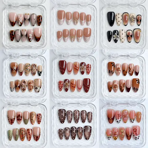 Younique Nails ACRYLIC GOLD NUDE COLLECTION Handmade Reusable False Set Kit Luxury Glossy Press-On Salon Quality Fake Press On Tip Week Wear Short Floral Detail Base French Design Eye Y2K Baddie Style Kawaii Bow Rhinestone Cat Mixed Different Size