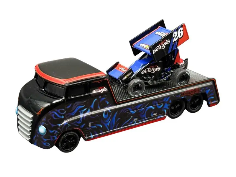 New World of Outlaws Custom Hauler and Sprint Car 1:64 Scale Diecast Model - ACME SC64009 Racing Mini Car Diecast Toys Collectibles