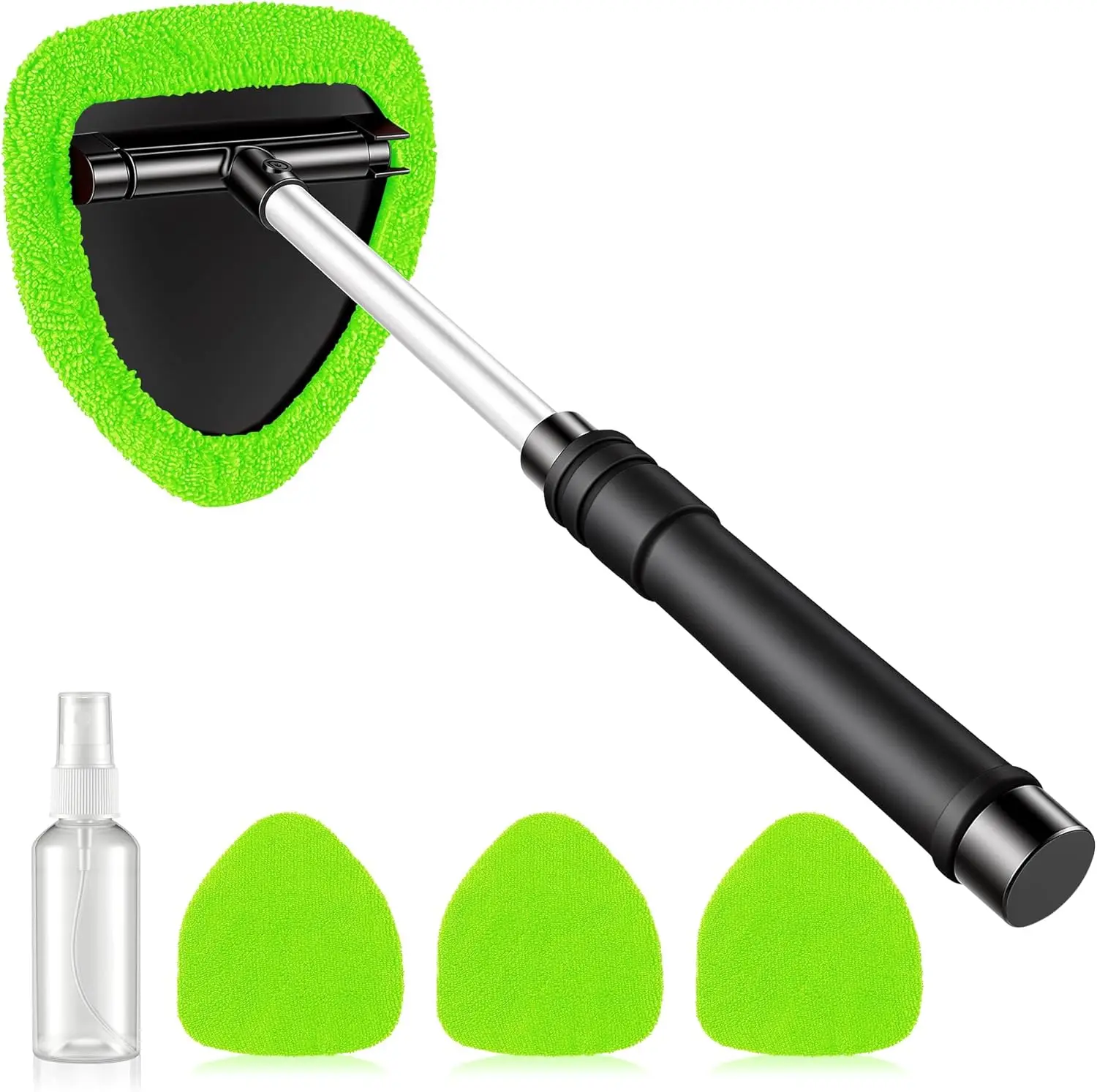 Windshield Cleaner Tool, Car Interior and Exterior Window Cleaning Kit with Extendable Handle & 4 Reusable Microfiber Pads, Auto Glass Wiper Brush Kit for Car & Home Windows
