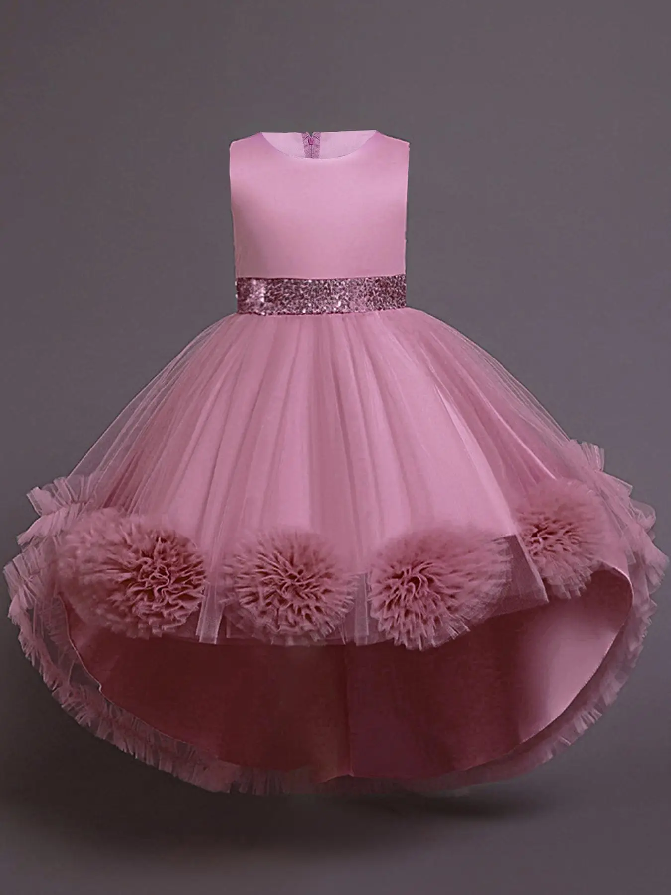 Girl's Contrast Sequin Bow Back Ruffle Trim Tulle Dress, Elegant Appliques Sleeveless High Waist Fit & Flare Dress for Party, Kids Clothes for All Sea