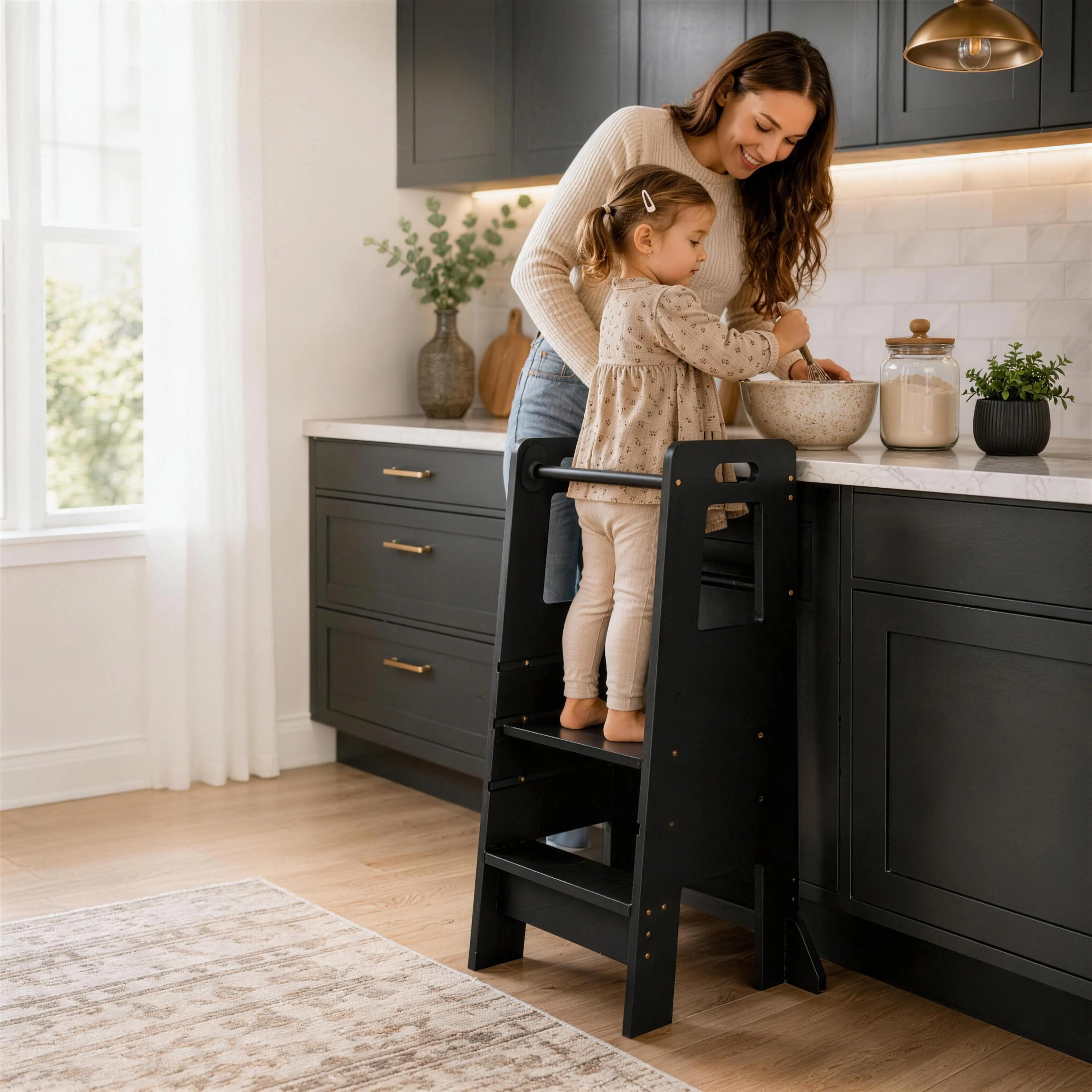 Wooden Kitchen Step Stool for Kids - Toddler Learning Tower with Adjustable Footrest, Non-Slip Stable Base Play Grow