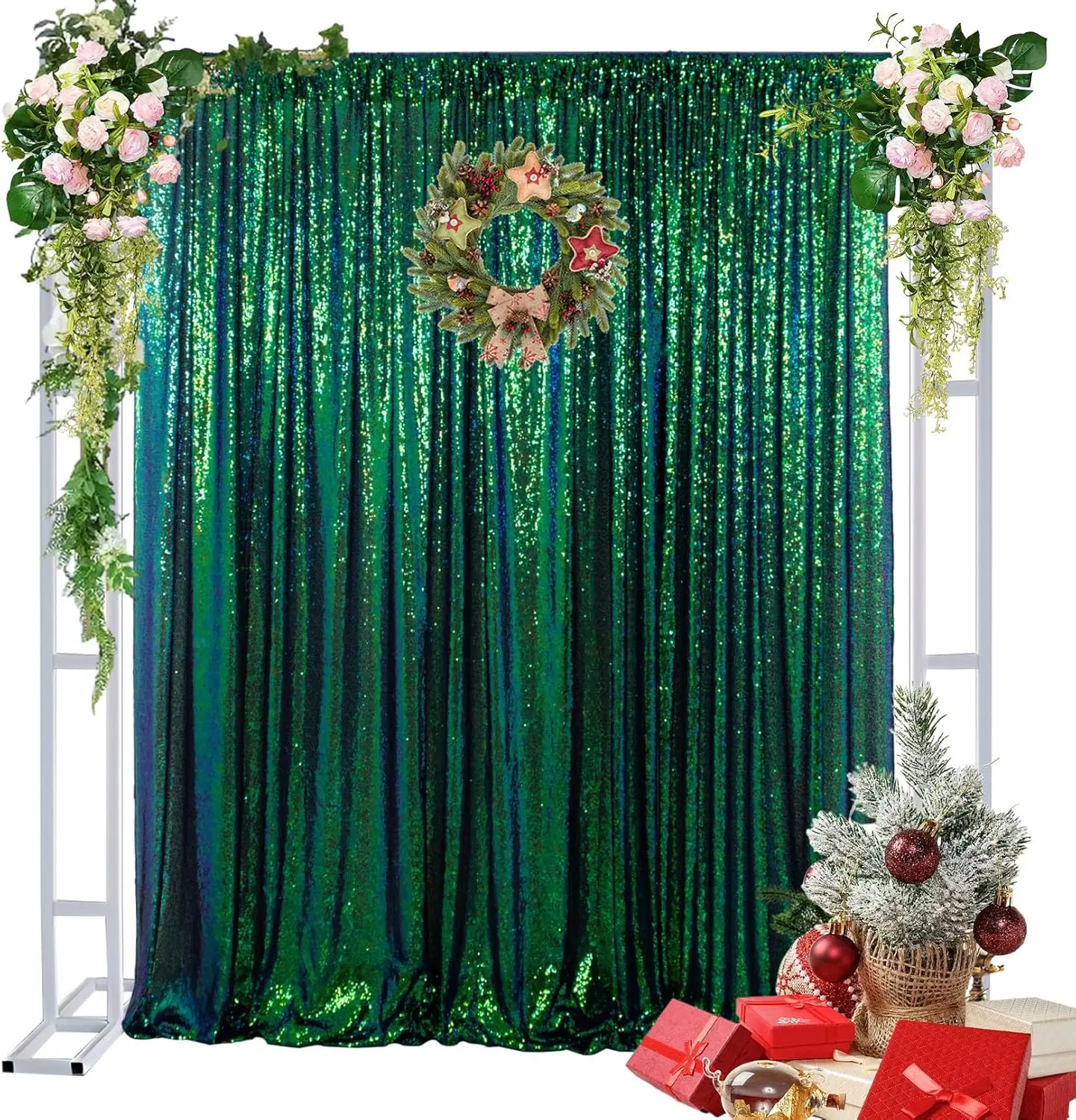Shiny Sequin Backdrop Curtain - 1 Pc 4ftx8ft IrideGreen Glitter Drape with Steady Shimmer, Finished Edges, Round Sequins, Multiple Uses for Wedding, Party Decor (Cake Table Background, Photo Banners)