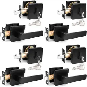 Flat Black Passage Door Lever with Single Cylinder Deadbolts Combo Pack, Modern Square Lock Set Handleset,Exterior Door Handle and Deadbolts Set,Exterior Door Lever Passage, 4 Pack