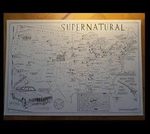 Fan Art Hand Drawn SUPERNATURAL Map Poster, Sam And Dean Winchester Poster