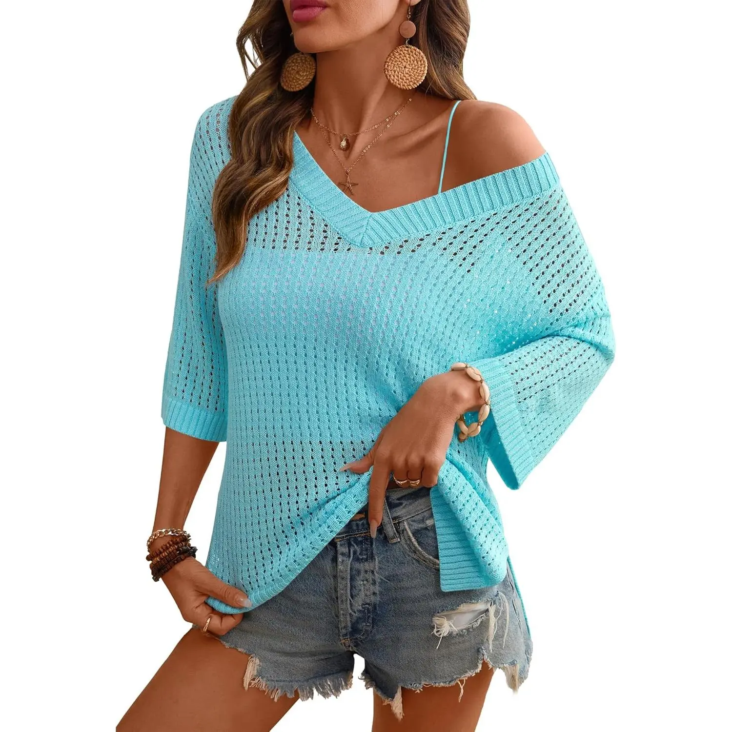 Women's Crochet V-Neck 3/4 Sleeve Hollow-Out Knitted Pullover, Crochet Coverup, Swimsuit Cover Up for Beach