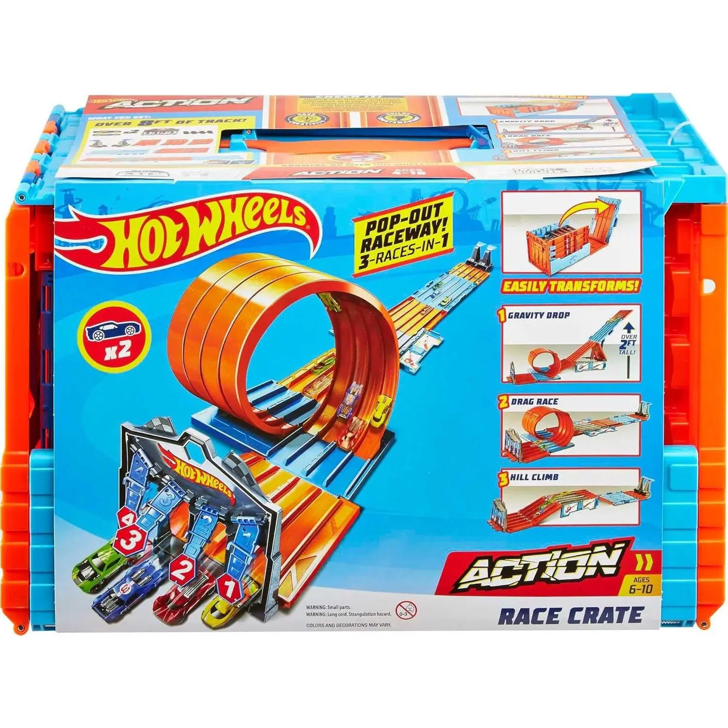 Hot Wheels Toy Car Track Set, Race Crate Transforms into 3 Different Builds, Includes Storage & 2 Cars in 1:64 Scale (Exclusive)