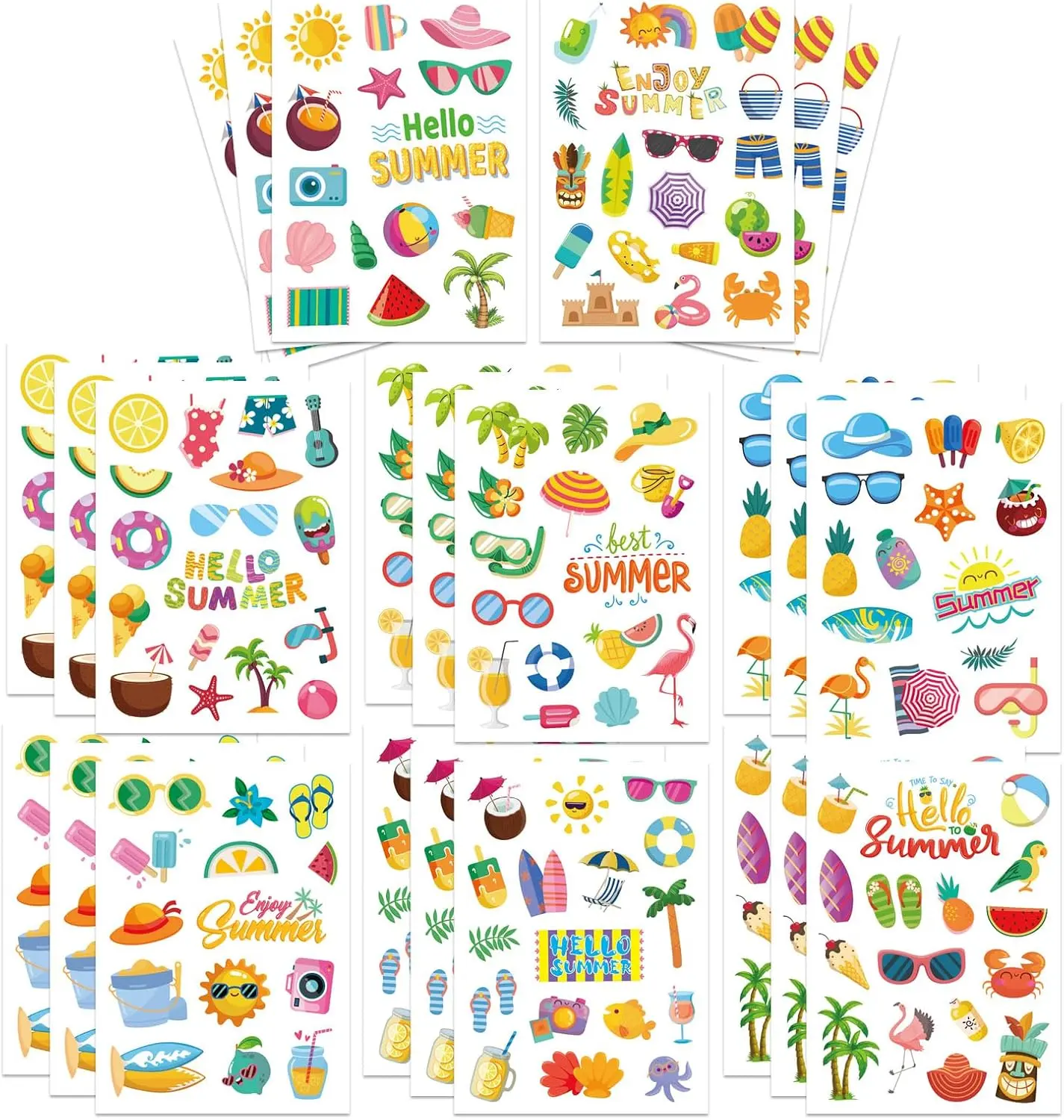 24 Sheets Summer Pool Beach Stickers Luau Hawaii Sun Stickers Beach Watermelon Beer Ice Cream Pineapple Sticker for Hawaii Tropical Party Decoration Sticker Summer Holiday Party Favors