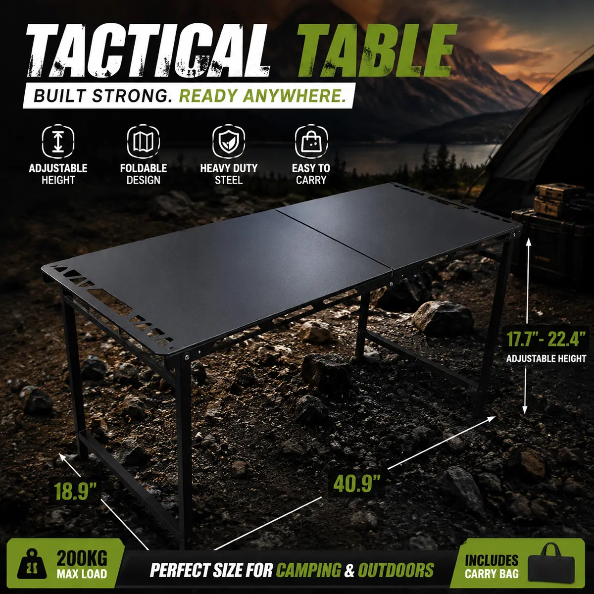 Heavy Duty Folding Camping Table, Portable Aluminum Outdoor Table with Carry Bag, 200KG Load Capacity, Hydraulic Support Legs for Camping, Overlanding, BBQ, Picnic & RV Travel