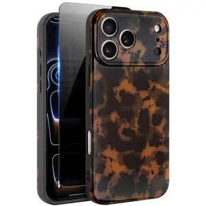 Cute Phone Case for iPhone 17 Pro Max Case, [with 1X Privacy Screen Protector] Tortoise Shell Pattern Leopard Full Camera Protective Slim Shockproof Cool Trendy Aesthetic