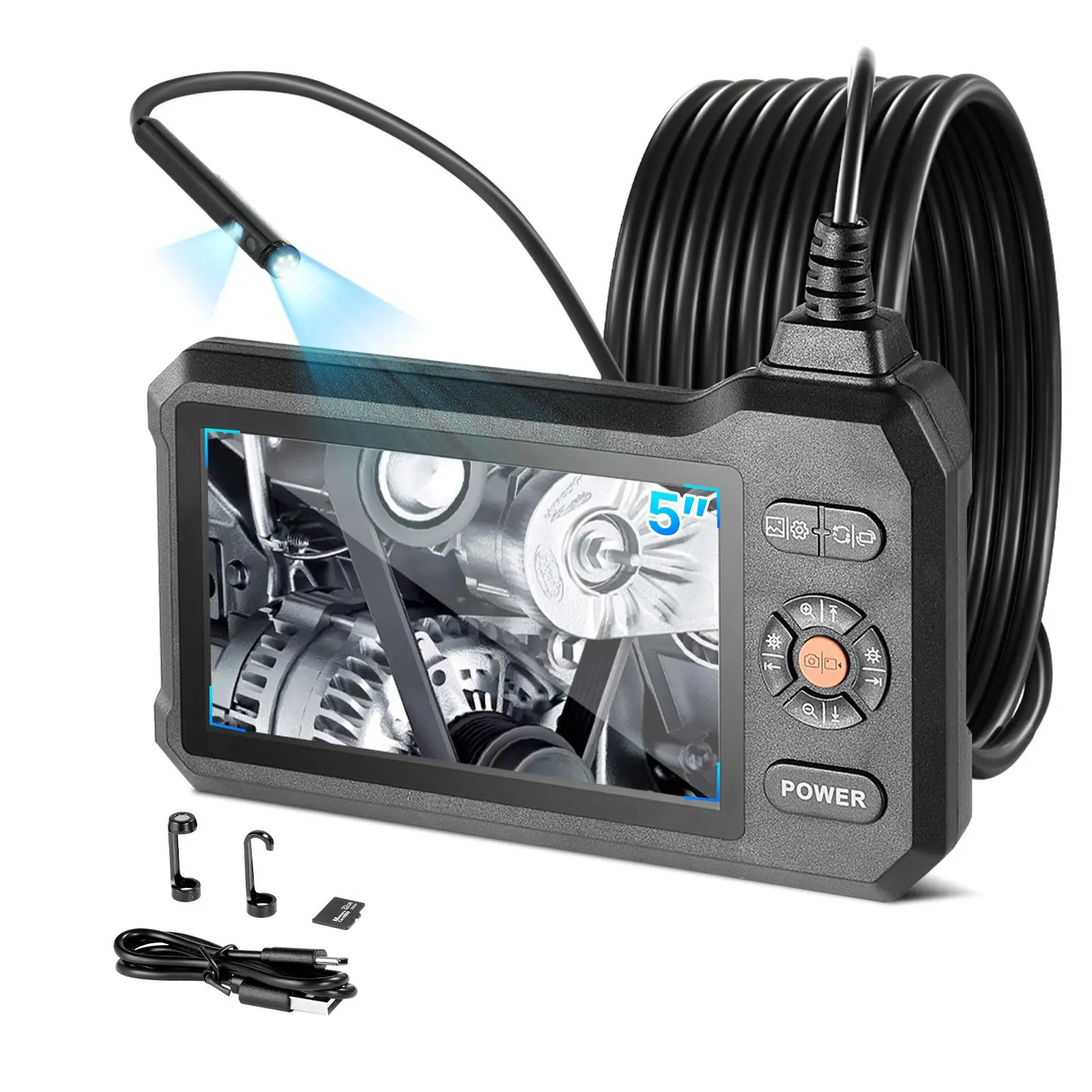 VEVOR Dual Lens Endoscope with Light, 5" HD IPS Screen Industrial Borescope Camera, 0.22-inch Slim Lens, 8X Zoom, IP67 Waterproof Inspection Snake Camera for Automotive, Plumbing (16.4FT Rigid Cable)