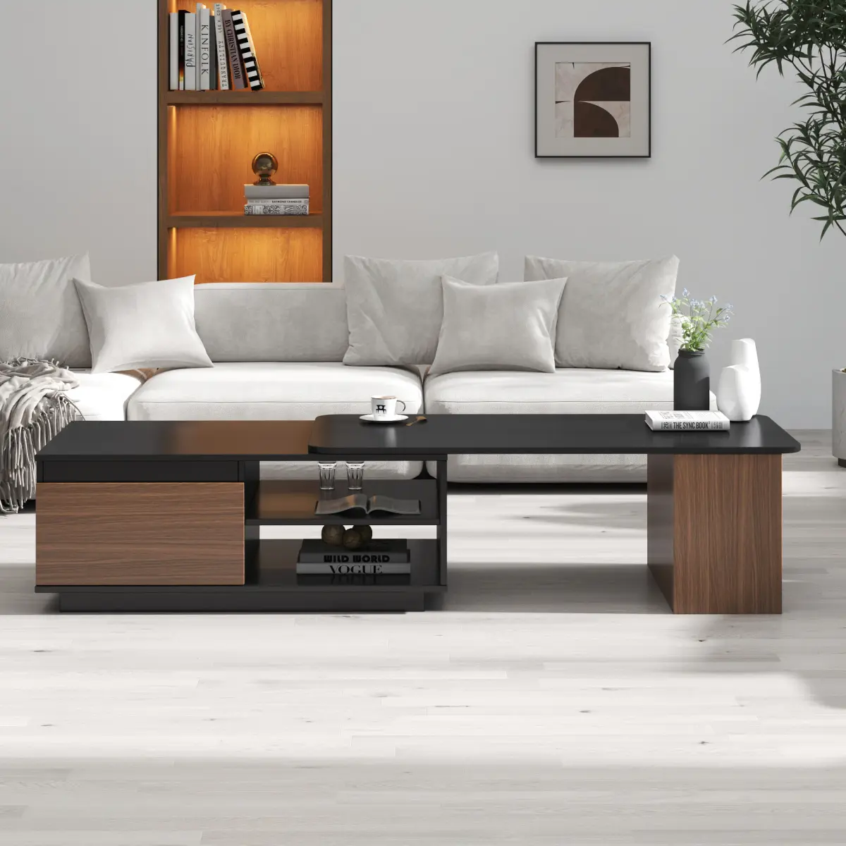[Bellemave]Extendable Coffee Table,  Length Adjustable Wood Coffee Table with 2 Storage Drawers for Living Room, Large Long Rectangular Center Table