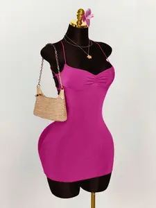 Hot Pink Mini Dress: Ruched Backless Bodycon - Sexy Party Club Dress