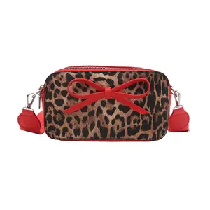Fashion Bowknot Leopard Print Shoulder Bag Crossbody Designer Leopard Print Square Bag High Appearance Large Capacity Women's Bag with Adjustable Strap Crossbody Purse Leopard Print Leather Shoulder Bag