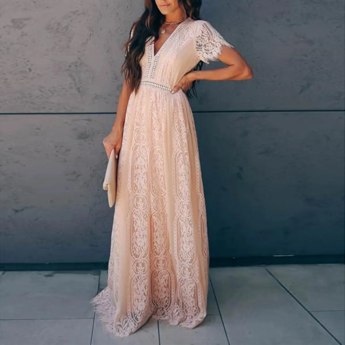 Women Fall Winter Tulle Pullover Wedding Maxi Dress, V‑Neck Hollow‑Out Lace Crochet High Waist Pleated Long Bridal Dress