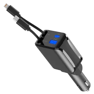 4-in-1 Retractable Car Charger, 60W USB-C Fast Car Phone Charger with Auto-Retractable Cables & Dual Ports, for iPhone, Galaxy S Series, iPad, AirPods & More