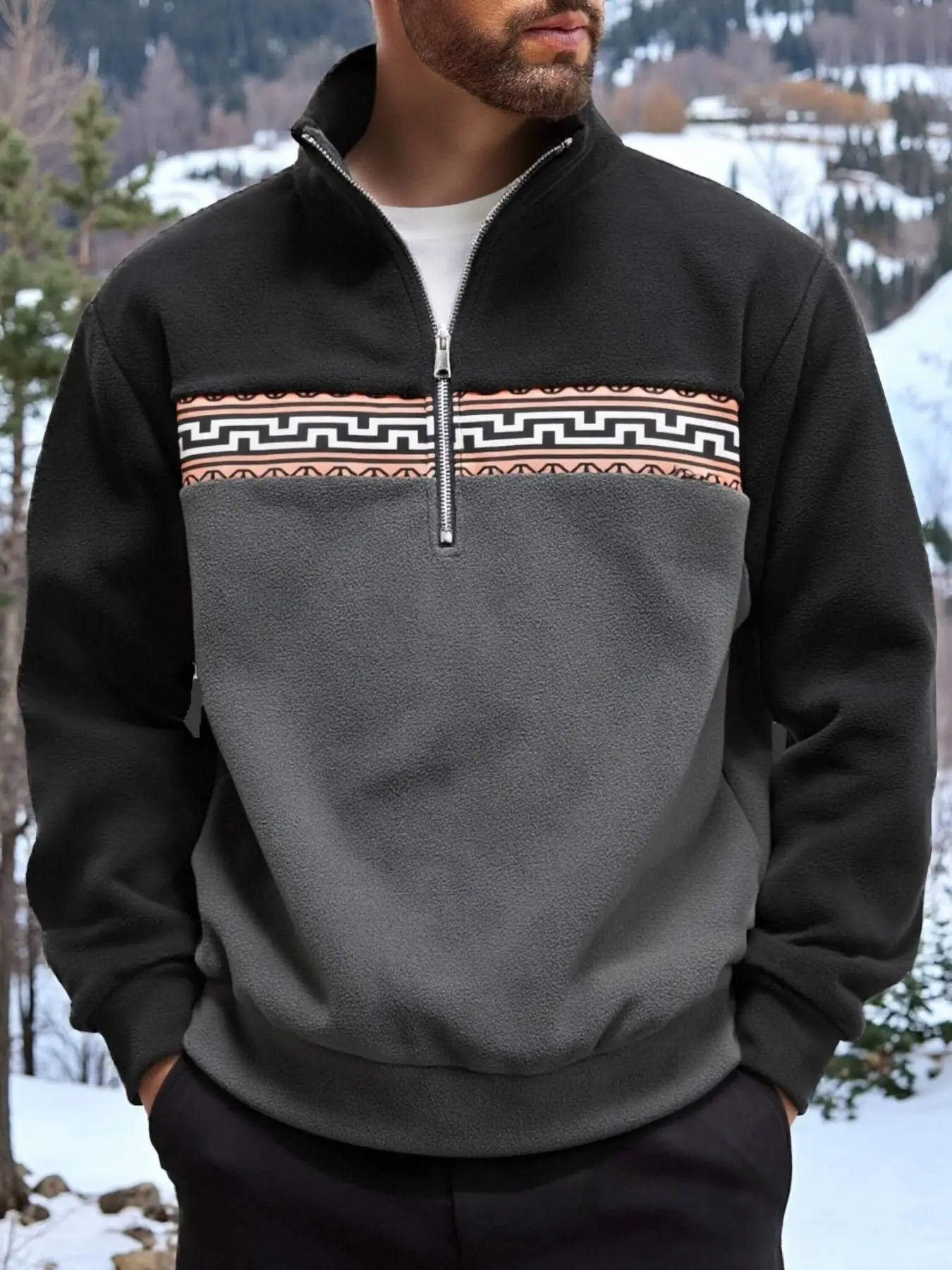 Men's half-zipper stand-up collar printed long-sleeved sweatshirt. This color-blocking polar fleece retro ethnic style thickened pullover is suitable for casual wear in autumn and winter. Casual Fashion Half Zip Sweatshirts. Outdoor hiking. Street style