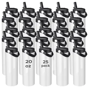 FASTSUB 20 oz Sublimation Tumbler with Top Handle, Stainless Steel Skinny Water Bottle with Portable Sippy Up Lid with Straw, for Tumbler Press Machine