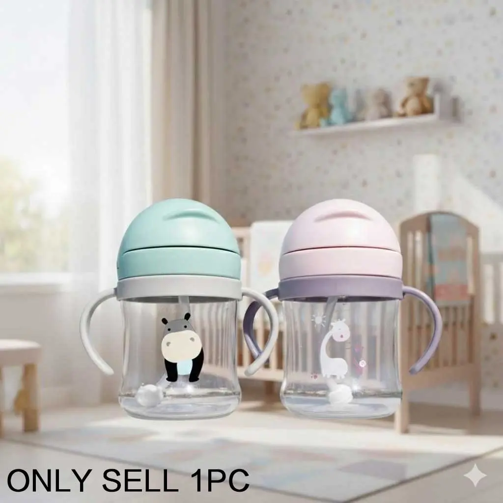 Cartoon Animal Straw Training Cup 300ml Leak-Proof Portable Sippy Bottle with Silicone Anti-Drop Strap Shoulder Strap for Kids Toddlers Outdoor Activities Preschool Elementary School Cute Sippy Cup Bubble Wale