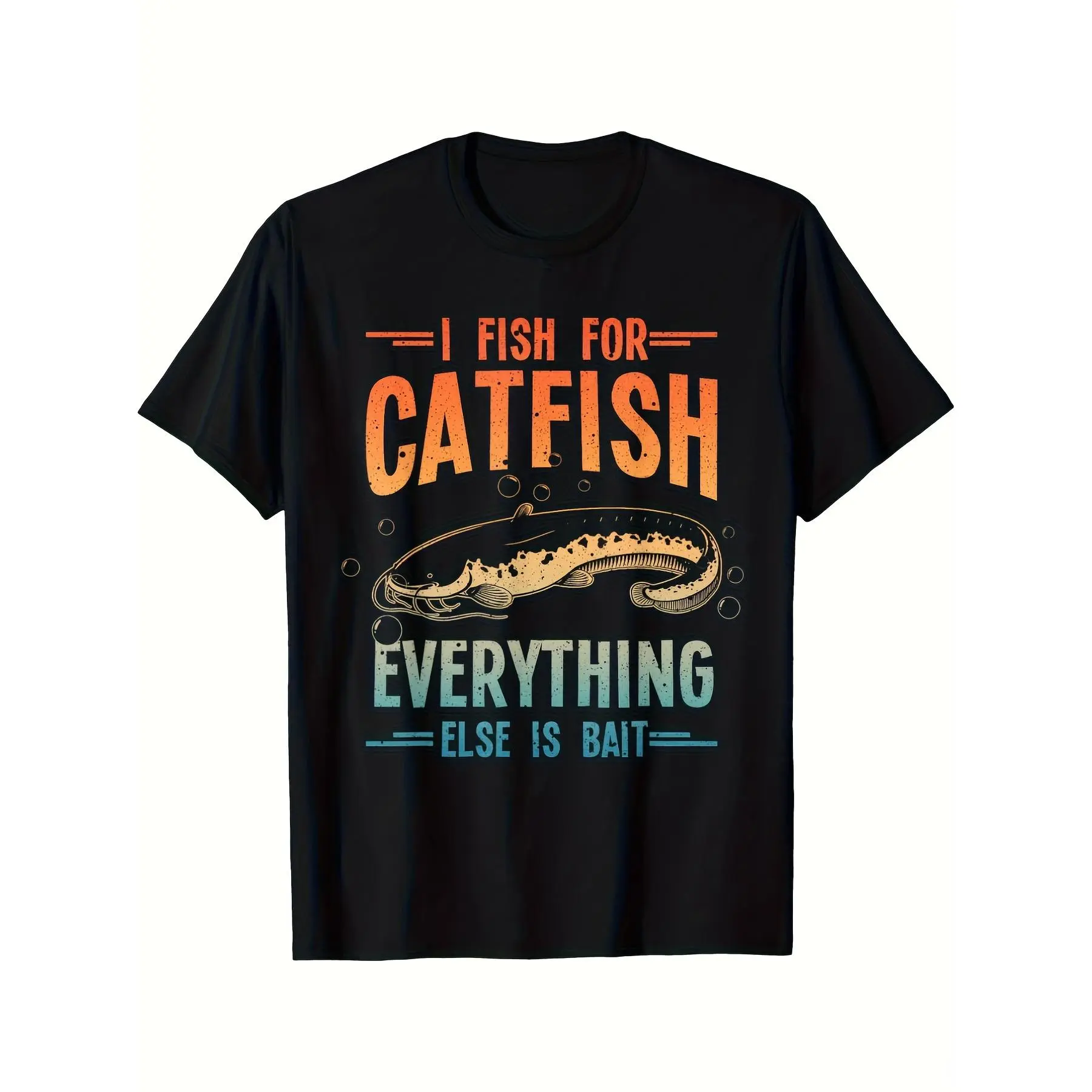 Men's Plus Size Humorous Catfish Fishing T-Shirt - Retro Vintage Style with "I FISH FOR CATFISH" Graphic, Featuring Catfish Illustration and Bubbles, Perfect Gift for Fishing Enthusiasts, Shortsleeve, Casual Streetwear Oversized Menswear Cotton