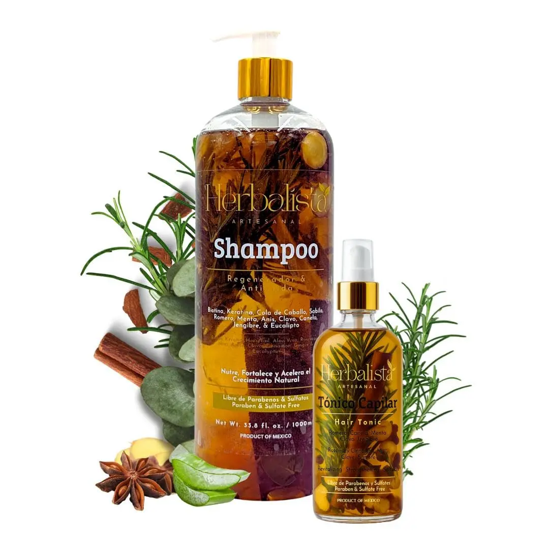 New Hair Care Bundle - Herbal Shampoo 1000ml (33 fl oz) + Hair Tonic 250ml - With Real Pieces of Rosemary, Cinnamon, Anise, Clove, Aloe, Ginger, & Eucalyptus - Fortalece, Regenera.
