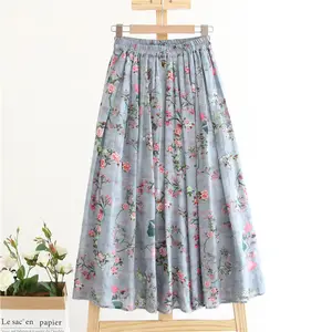 Women's Floral A-Line Long Dress in Cotton and Linen