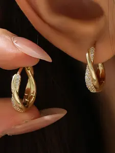 1 Pair Elegant Korean Style Unique Intertwined Shape Braided Copper Earrings with Sparkling Synthetic Zircon, Perfect for Women's Daily Commute and Party Wear