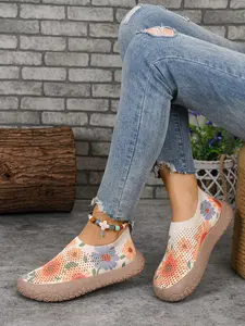 Women's New Mesh Tropical Floral Print Slip-On Shoes, Casual Flatform Shoes, Walking Shoes, Comfortable Soft Sole, Casual Outdoor Hiking, Breathable, All Seasons