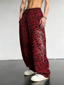 Men's Fashion Streetwear Leopard Print Sweatpants, Creative Handwritten English Letter Design, Loose Fit, Comfortable Fabric