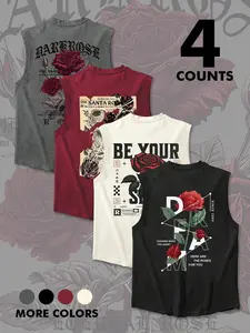 Men's Rose & Letter Print Tank Top, Breathable Sleeveless Tops, Regular Fit Casual Sporty Top for Summer, Men's Top for Daily Wear