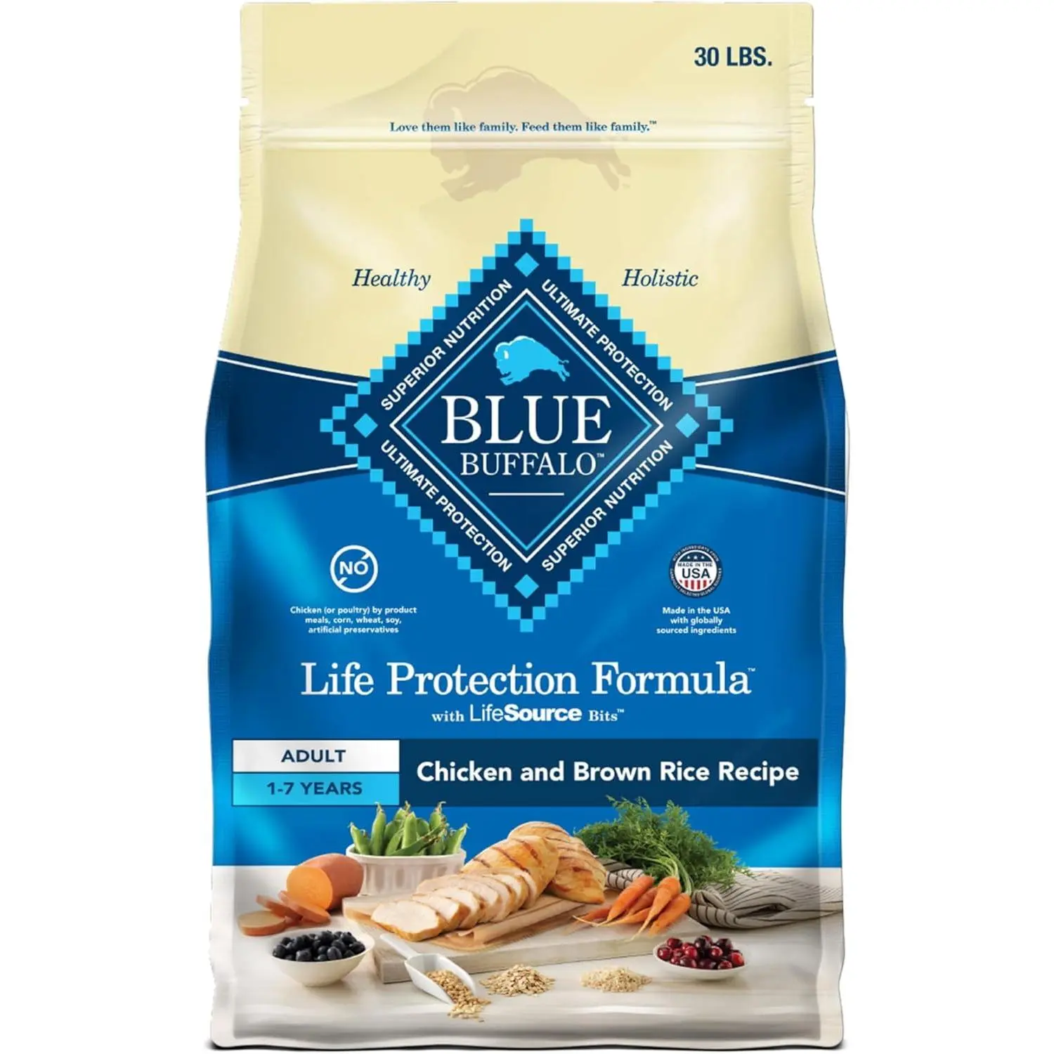 Blue Buffalo Life Protection Formula Adult Dry Dog Food - Chicken & Brown Rice Recipe, 30-lb/4.57-lb Bags, Real Meat High-Quality Protein, Fruit Infused, Fur & Skin Care, Joint Care, Strong Muscles, Natural Ingredients, No Artificial Preservatives