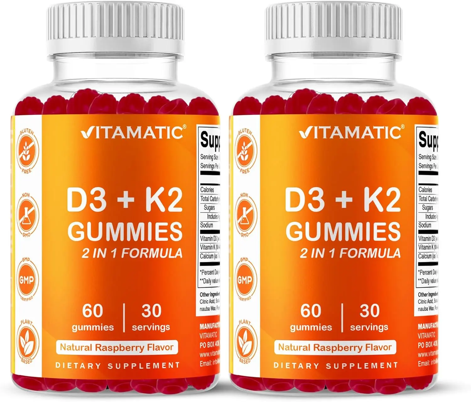 NEW !!! Vitamatic Vitamin D3 & K2 Gummies (2-Pack, 60 Count) Supports Healthy Bones, Heart Health, Calcium Absorption, and Immune Function Plant-Based, Non-GMO, Gluten-Free