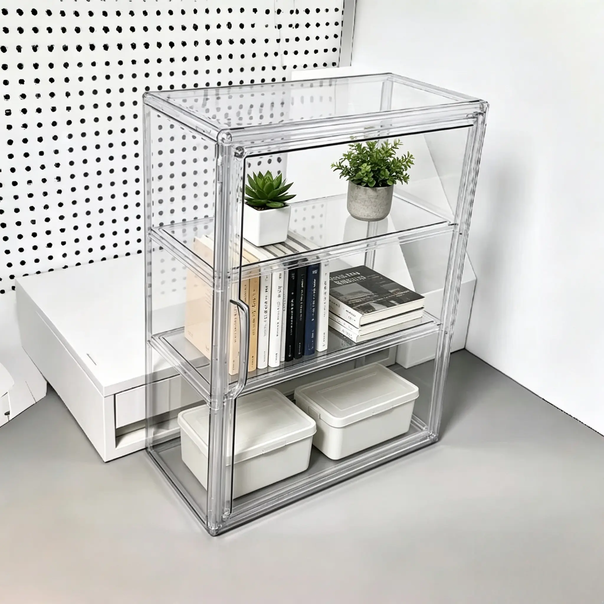 Three-Tier Transparent Display Cabinet, Multi Layer Cabinet, Magnetic Door, High-Strength Acrylic, Space-Saving Organizer, Modern Style, Holiday Decor, Clear Cabinet Storage