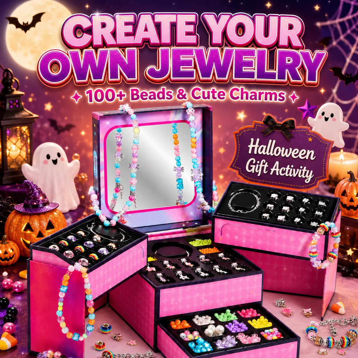 DIY Jewelry Making Kit Craft Set for Girls Boho Style Beaded Charm Bracelet Necklace Making Kit Princess Fun Jewelry Box with Portable Storage Box Ideal for Ages 3+ Birthday Christmas Gift