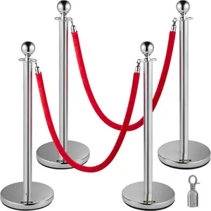 VEVOR 4PCS Stainless Steel Stanchion Posts Set, 5FT Red Velvet Ropes with Silver Posts, Waterproof Queue Line Crowd Control Barriers for Party Supplies (Rubber, Flannel), Water Proof