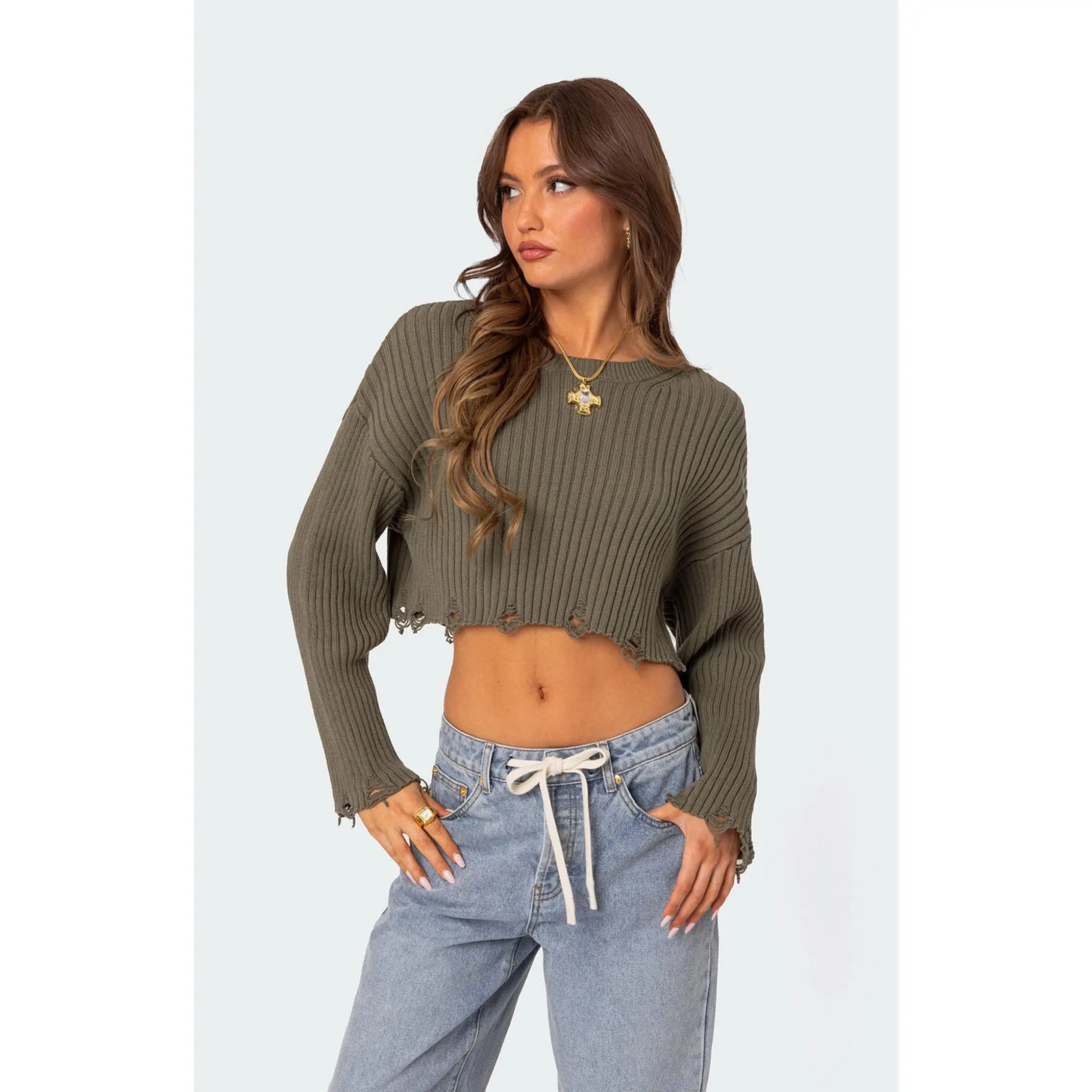 Edikted Women's Distressed Hem Oversized Cropped Sweater