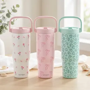 SANDJEST 30oz Insulated Tumbler with Straw Lid & Carry Handle, Leak Proof Reusable Stainless Steel, Cupholder Friendly for Travel, Gift for Her Women