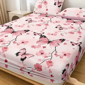 3-Piece Bed Sheet Set, Butterfly Flower Pattern, Mattress Protector, Decorative Bedsheet Sets, Butterfly Bedding Set, Comfortable Home Textiles, Breathable Anti-Pilling, All Size Beds