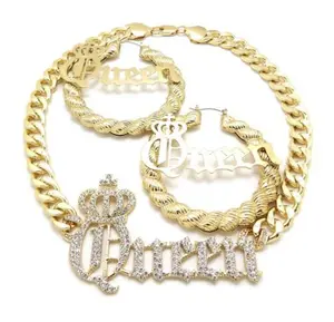 MaxBling81 Women's Iced Queen Crown Pendant Necklace Set, 20" Cuban Chain & Hoop Earrings, Hip Hop Fashion Costume Jewelry Accessory Gift Set, Hip Hop Jewelry, Cuban Chain Set