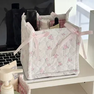 Cute butterfly quilted fabric storage basket, foldable square desktop organizer for cosmetics, skincare products, and miscellaneous items, Instagram-style floral print storage bin suitable for home, dorms, and vanity tables