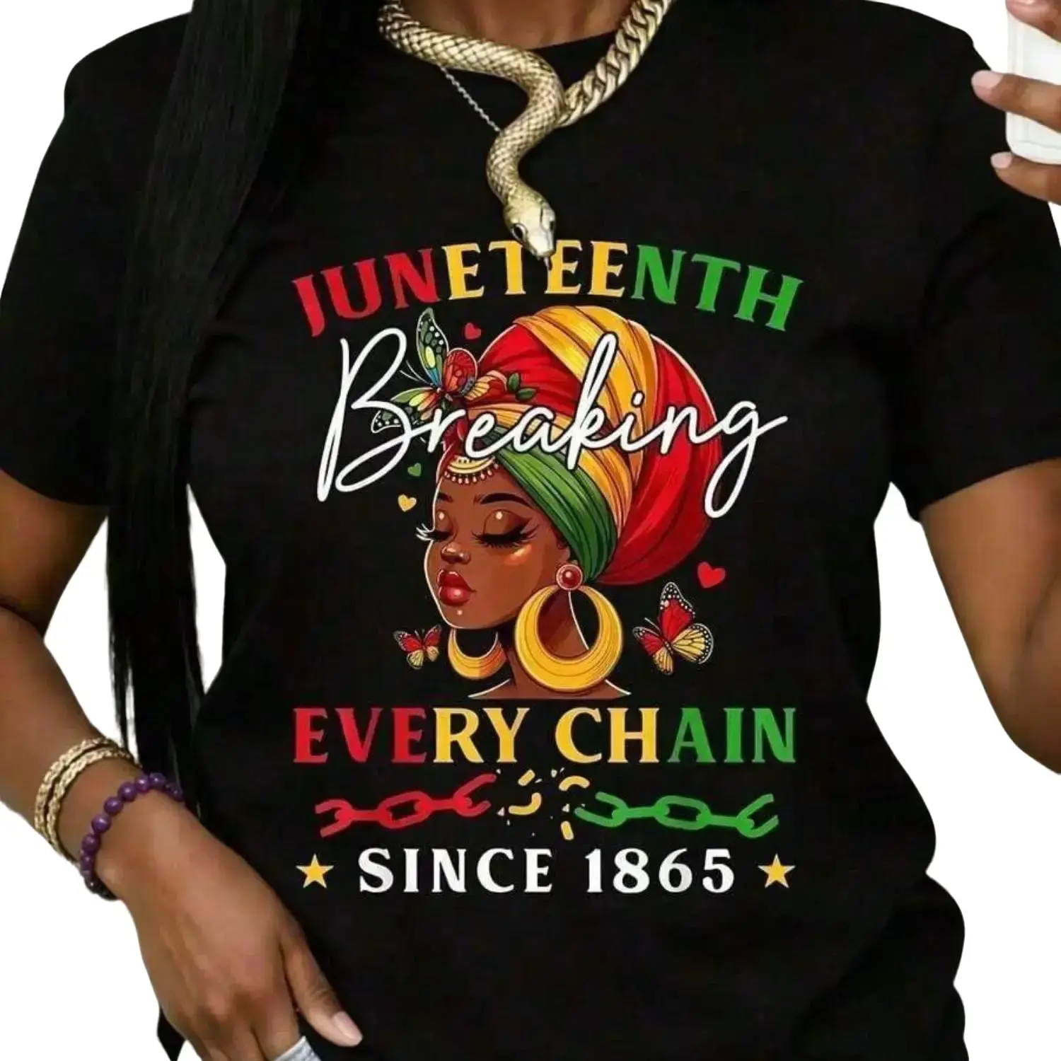 Juneteenth Breaking Every Chain Since 1865 Big & Tall Black and White T-Shirt for Women Plus Size - Celebrate Freedom Independence Day Holiday Gift