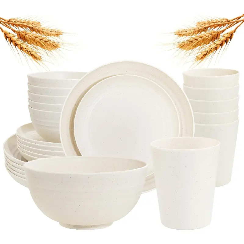 24-Pcs Modern Classic Round Wheat Straw Plastic Lightweight Dinnerware Set - BPA-Free, Unbreakable, Reusable, Heat Resistant, Microwave Safe, Dishwasher Safe (12 Plates, 6 Bowls, 6 Cups, Beige) for Home Parties