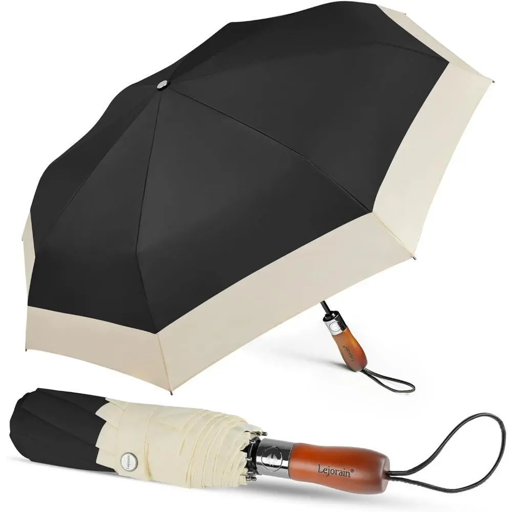 54-Inch Compact Automatic Folding Sports Golf Umbrella - Windproof, Heavy-Duty Protection, 210T Dupont Teflon-Coated Waterproof Fabric, Ergonomic Wooden Handle, Quick-Drying, Portable Unisex for Travel, Rain Use